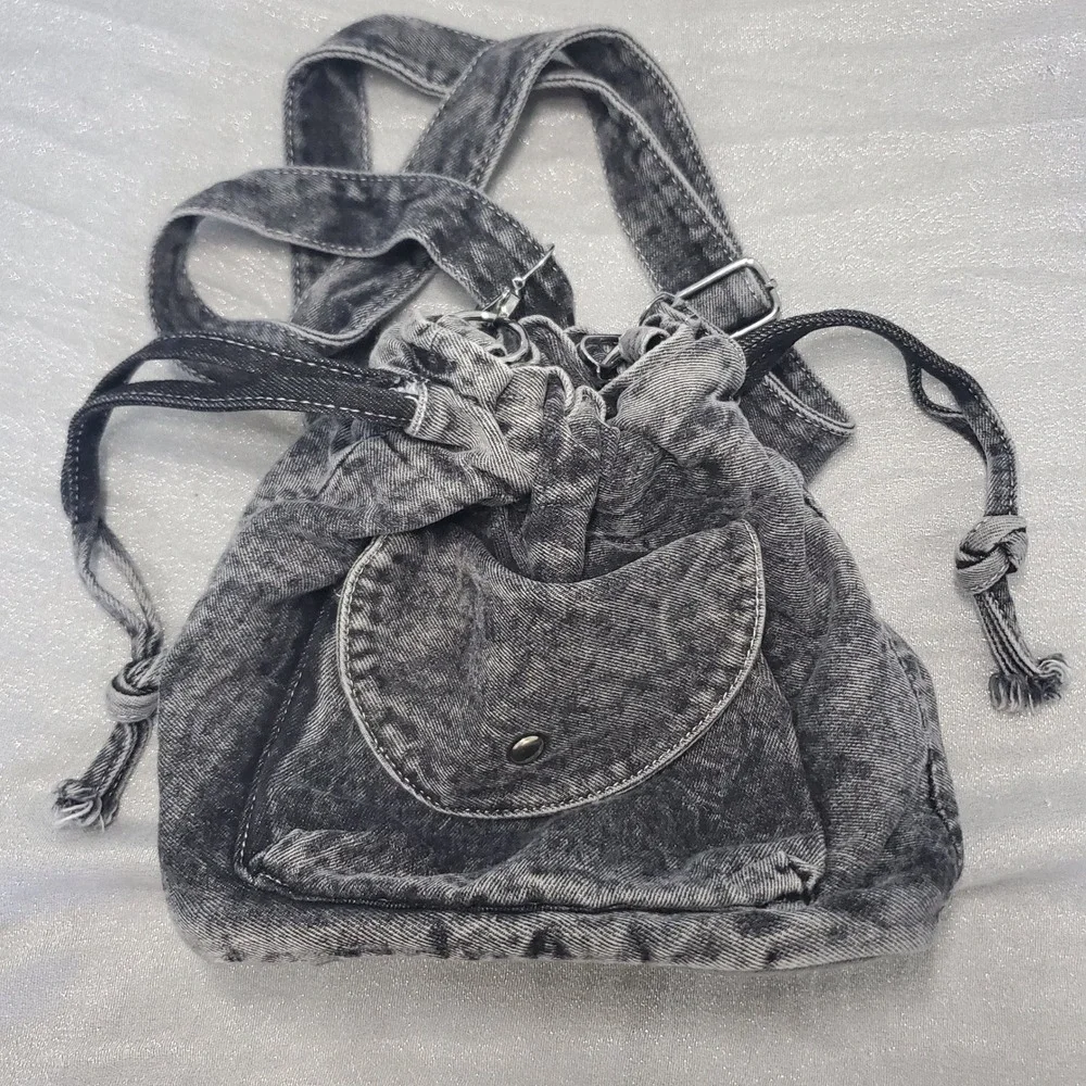 Acid Wash Grey Y2K Grunge Denim Drawstring‎ 90s Bag Punk VTG Spicy Girl  Gritty